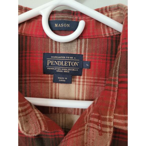 Pendelton Wool Flannel Shirt Red Plaid Mason Long Sleeve Button Up LARGE - Picture 3 of 3